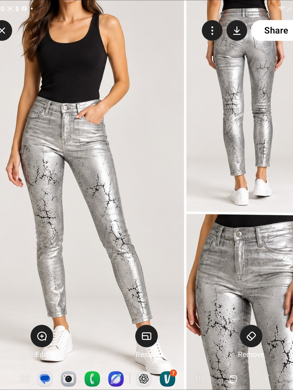 Metallic Silver Crackle Skinny Jeans - Women